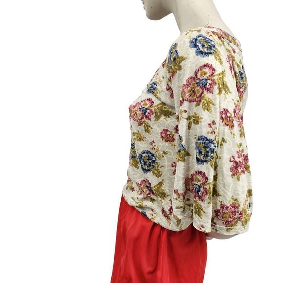 Mudd Boho Top Jersey Knit Floral Elbow Sleeves Pullover V-Neck - Picture 1 of 10